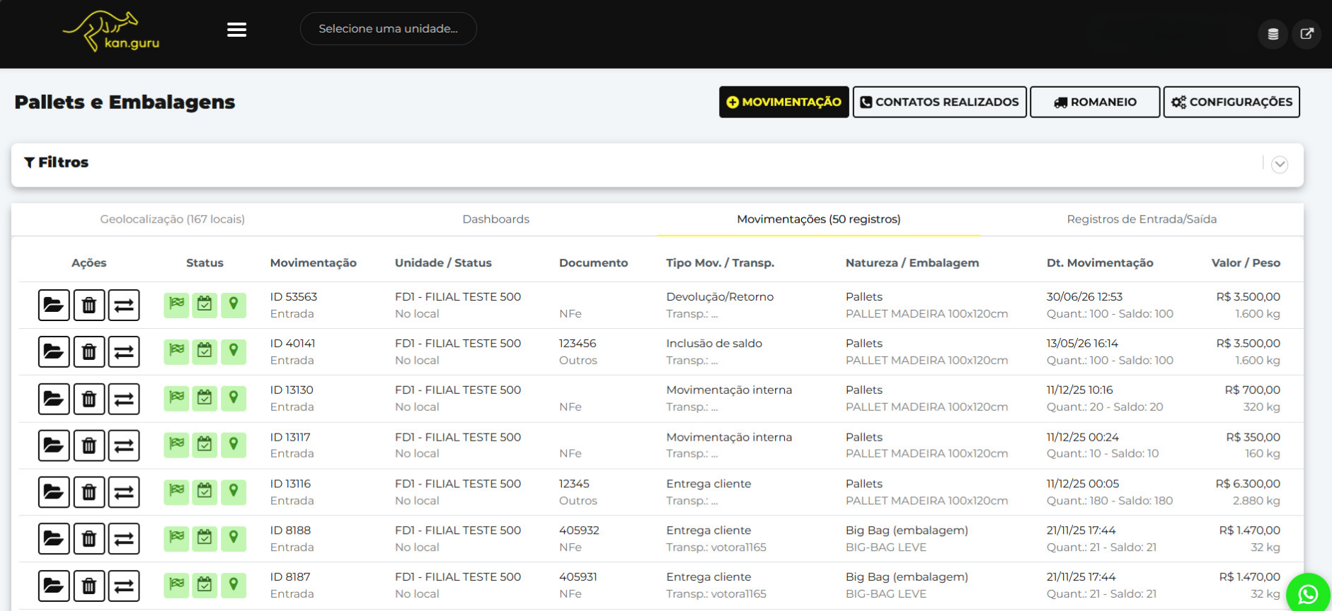 Lista de movimentações de paletes e embalagens na kan.guru