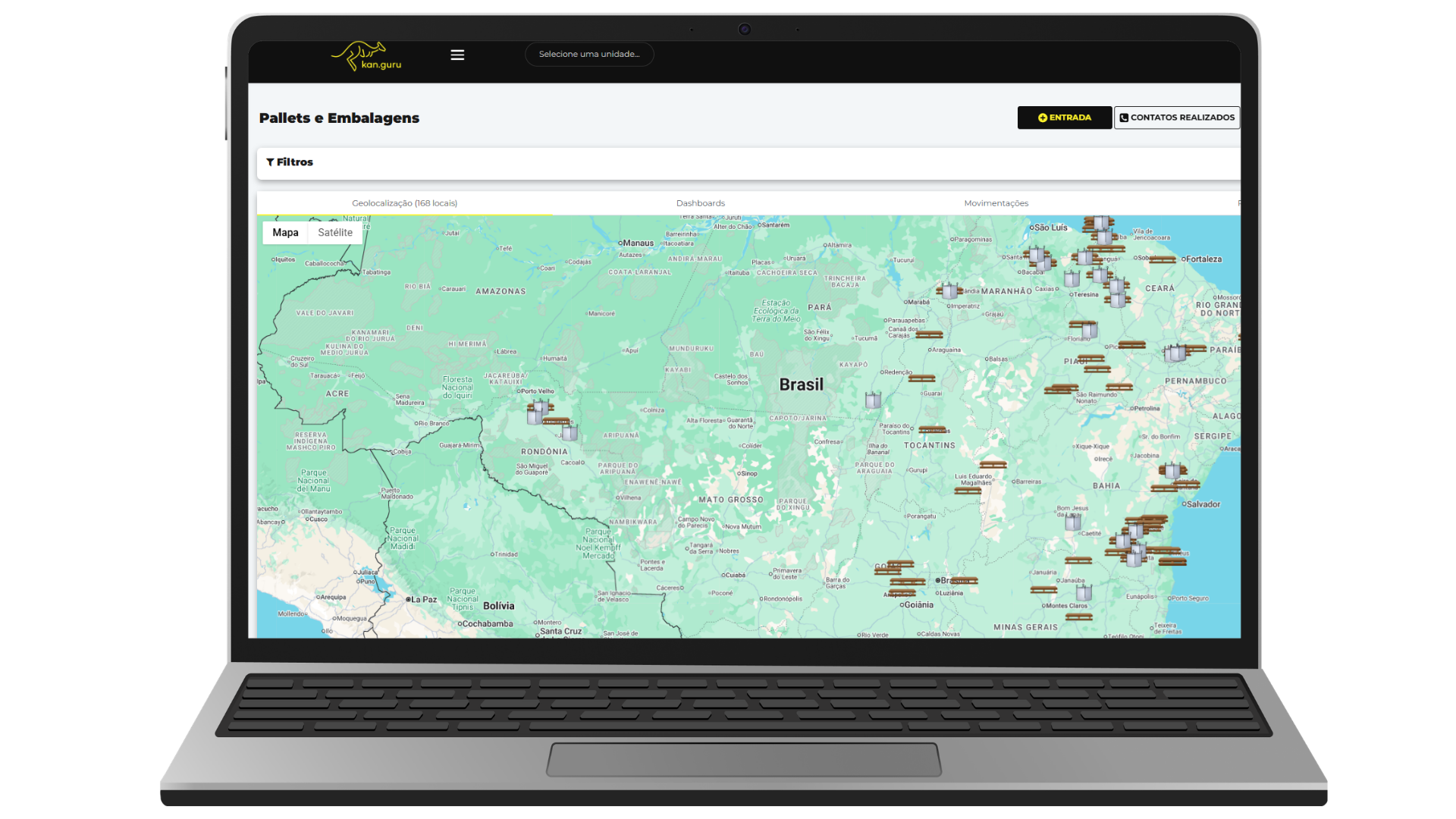 Notebook mostrando o mapa de geolocalização de paletes e embalagens da kan.guru