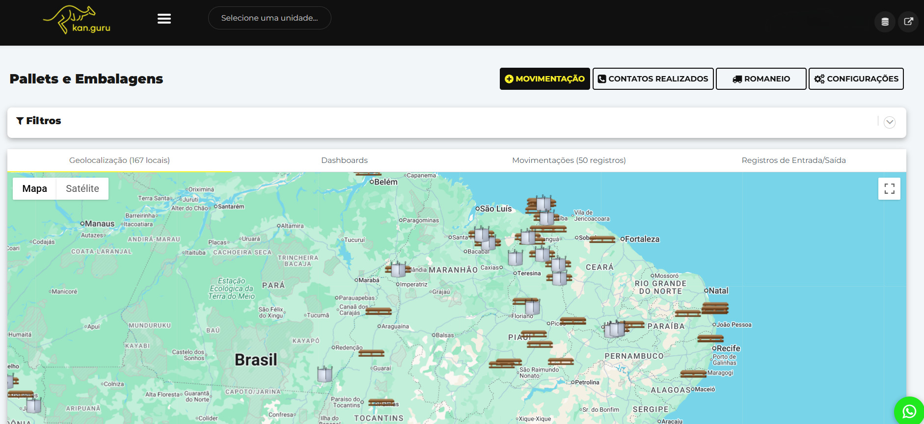 Mapa de geolocalização de paletes e embalagens da kan.guru